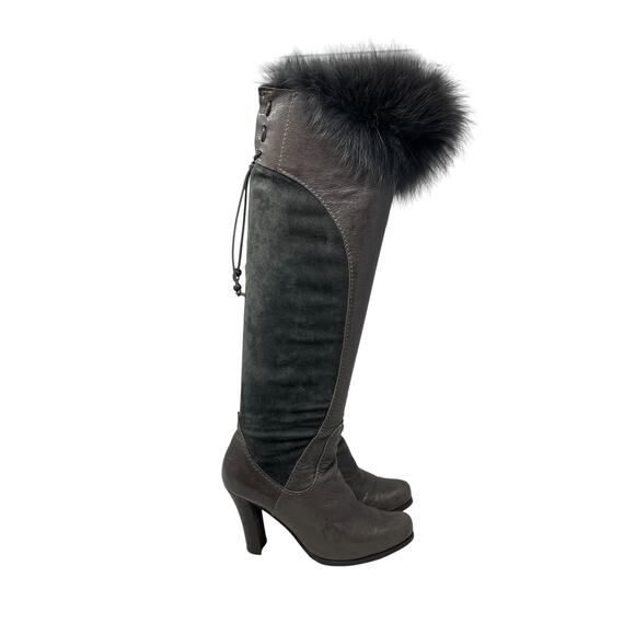 Henry Beguelin Knee High Taupe Leather Boots - Brown Gray - Fur Trim - Size 36.5 - Picture 1 of 12